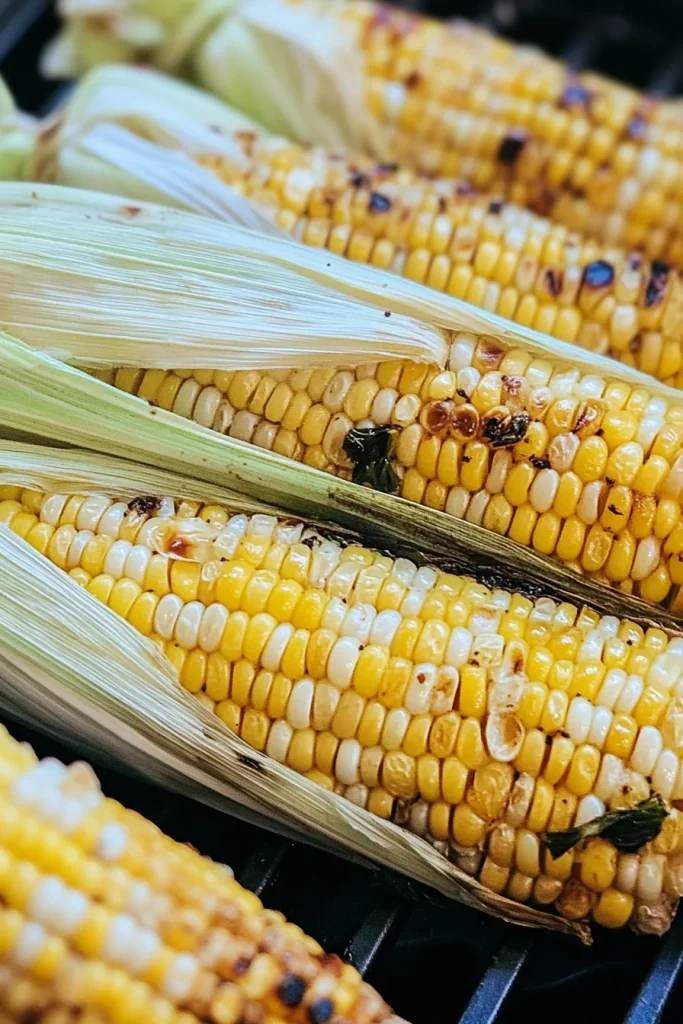 Rustic serving board with several ears of corn, husks tied at the ends for presentation.
