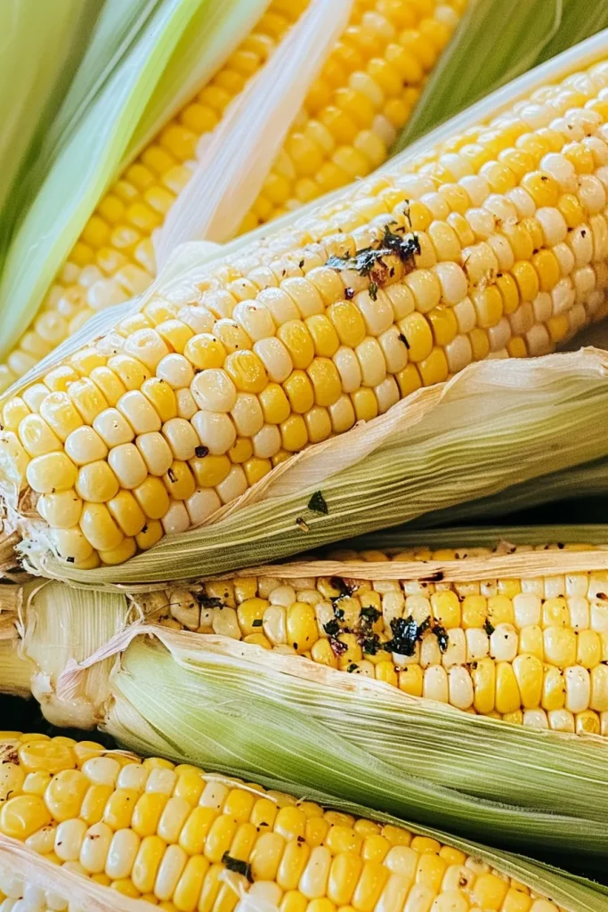 Plated corn on the cob, steam rising, brushed with melted butter.
