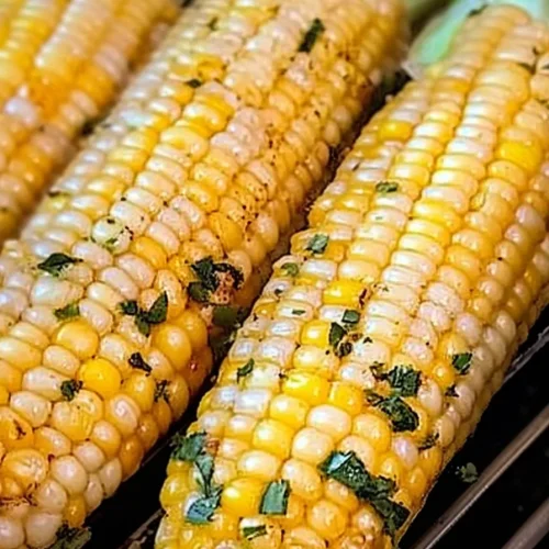 Close-up of smoky kernels, a mix of yellow and white, showing crisp grill marks.