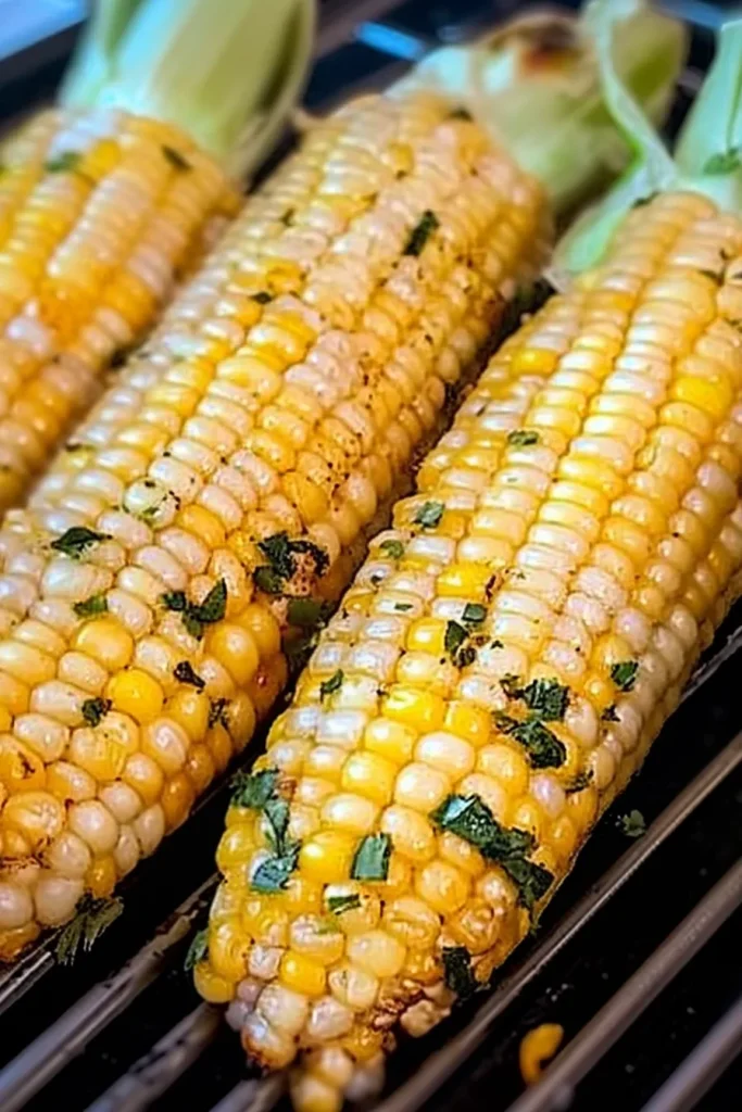 Close-up of smoky kernels, a mix of yellow and white, showing crisp grill marks.