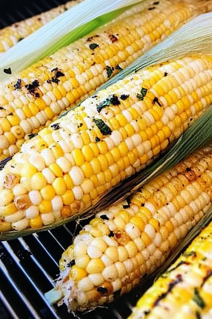Golden corn cobs with husks pulled back, lightly charred and glistening from the grill.