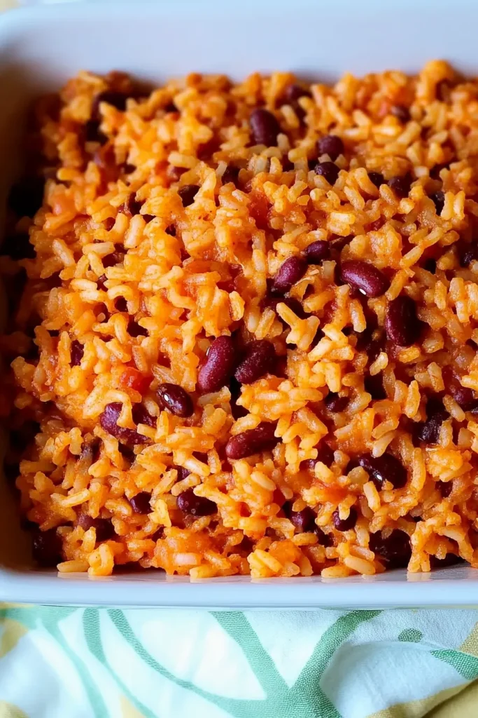 Overhead view of a comforting rice-and-bean meal, styled simply with fresh garnish.