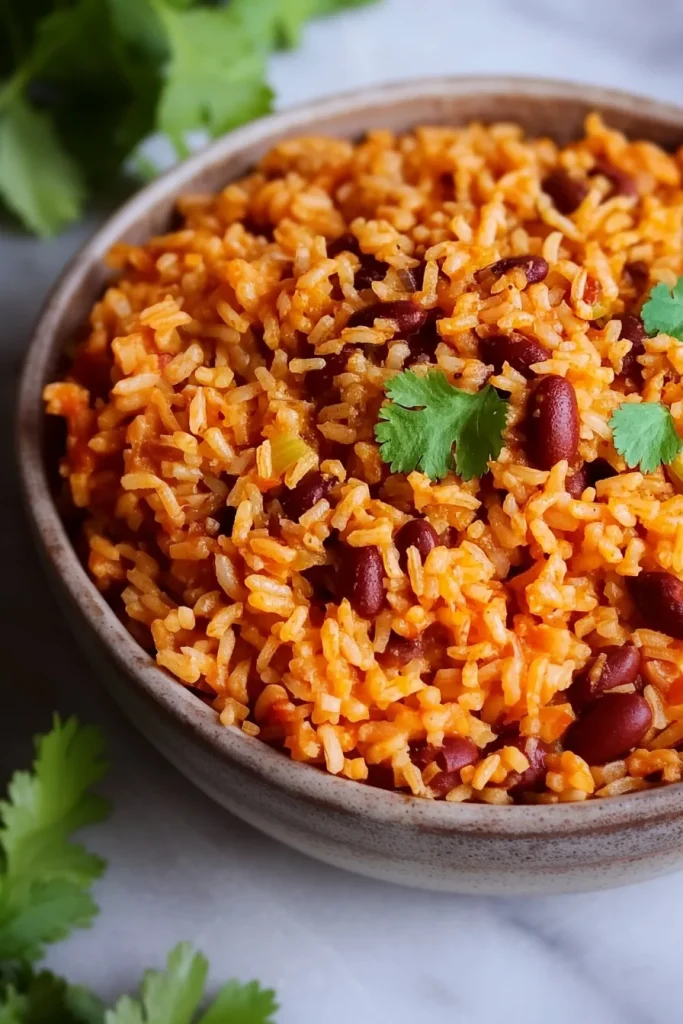 Final plated shot of seasoned rice blended with beans, finished with a sprinkle of cilantro.
