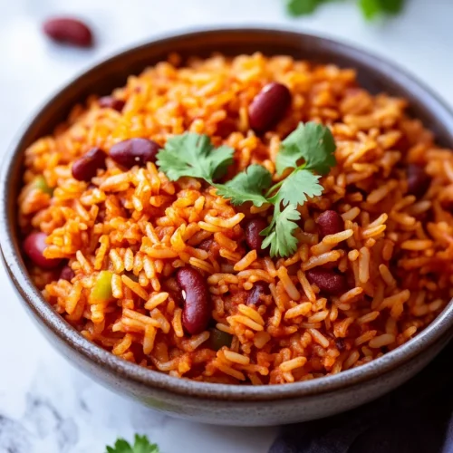 Hearty rice and beans served in a rustic bowl, showing warm colors and textures.