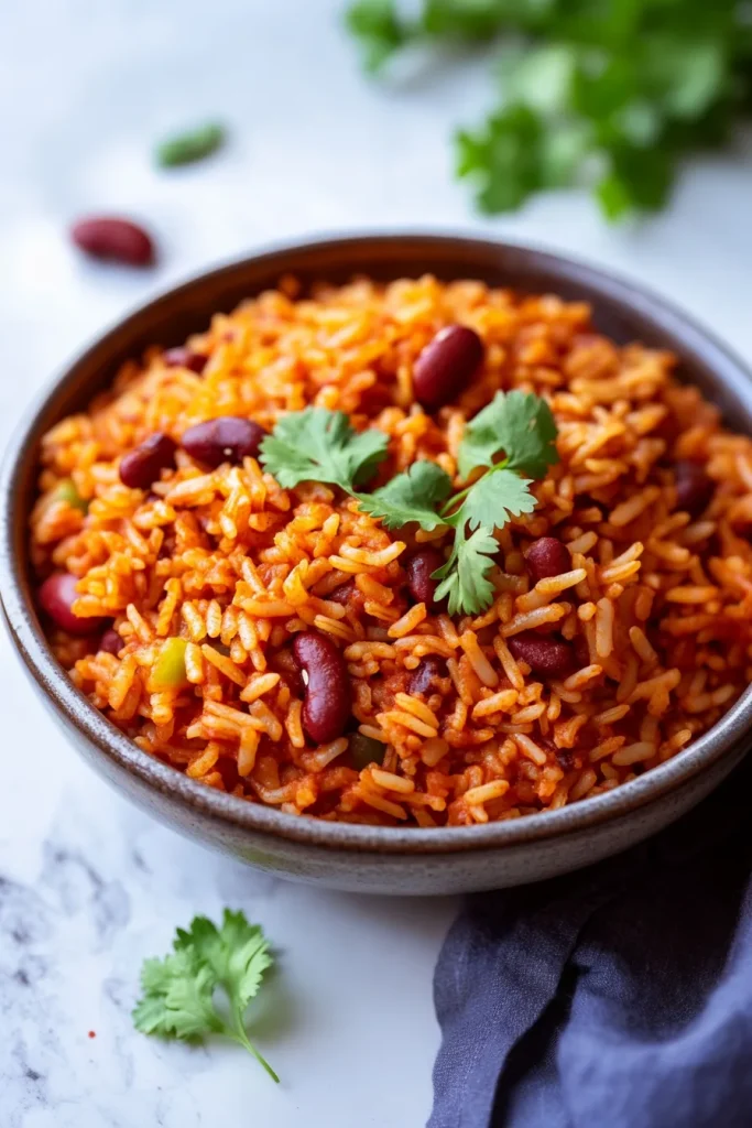 Hearty rice and beans served in a rustic bowl, showing warm colors and textures.