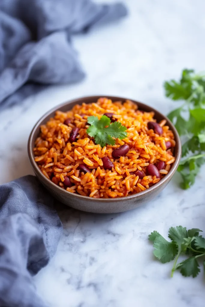 A ceramic bowl filled with fluffy orange rice mixed with tender beans, topped with fresh cilantro leaves.