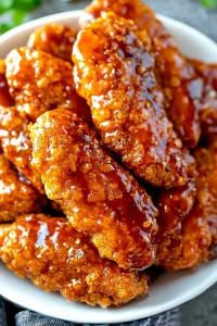Close-up of crunchy golden chicken pieces drizzled with sticky sauce.