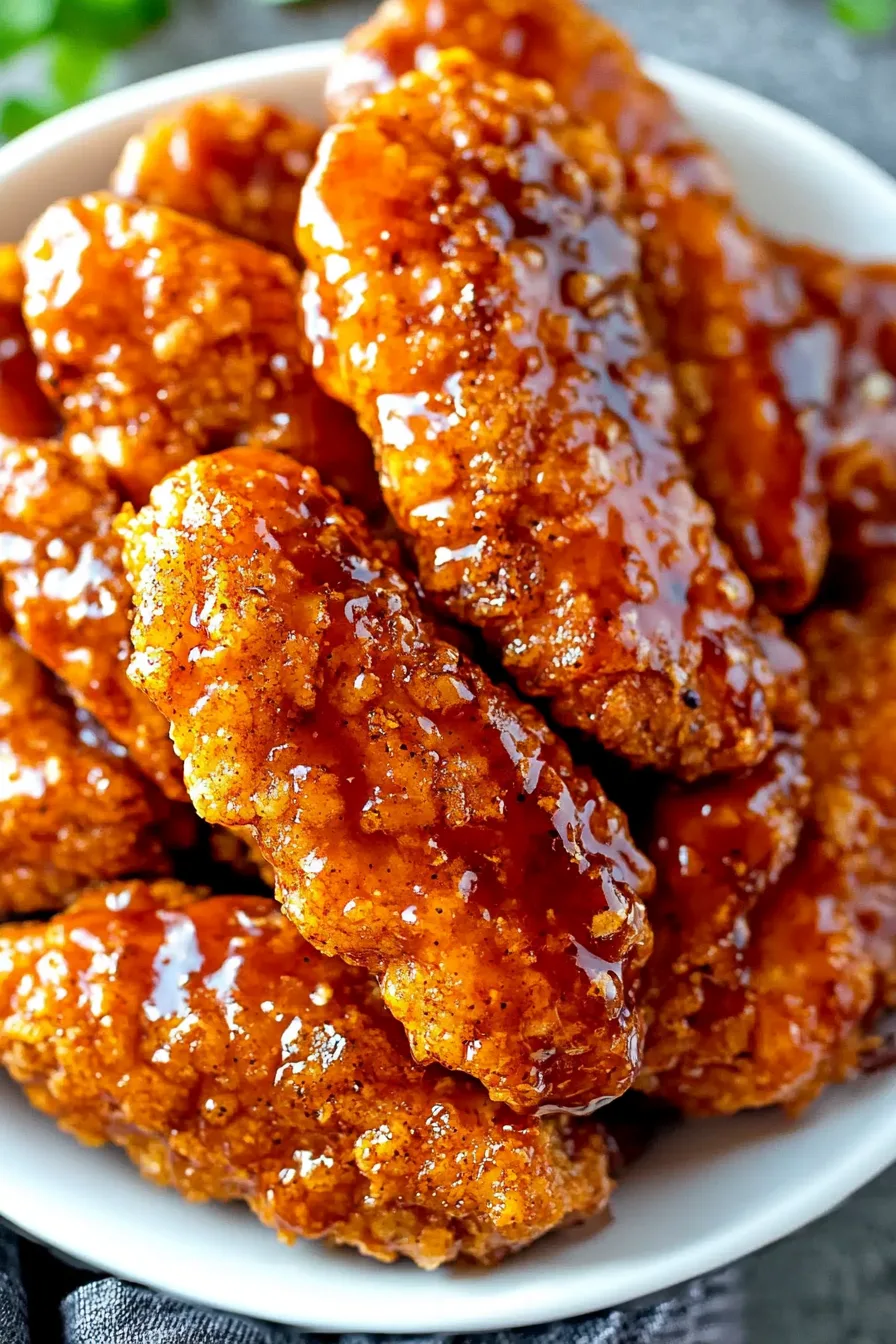 Close-up of crunchy golden chicken pieces drizzled with sticky sauce.