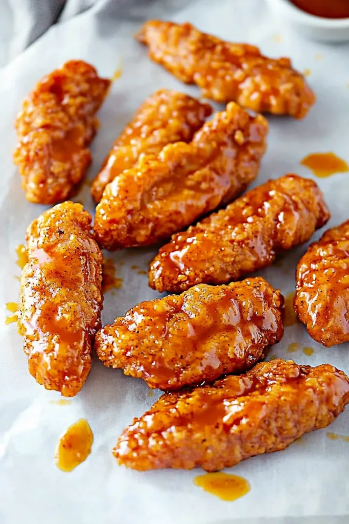 Crispy chicken tenders coated in a glossy red glaze with visible seasoning.