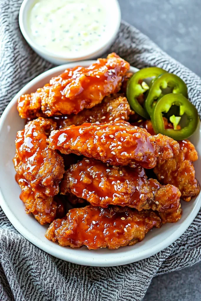 Plate of glazed chicken highlighting the contrast of crisp coating and shiny glaze.