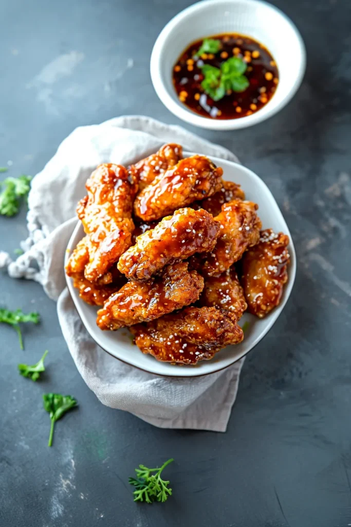 Overhead view of sweet and spicy chicken showing sauce pooling slightly on the surface.