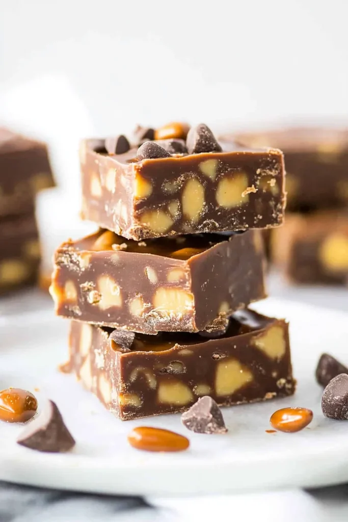 Hearty fudge squares with caramel ribbons and nuts, styled simply on a white plate.