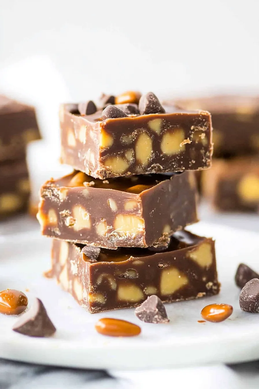 Hearty fudge squares with caramel ribbons and nuts, styled simply on a white plate.