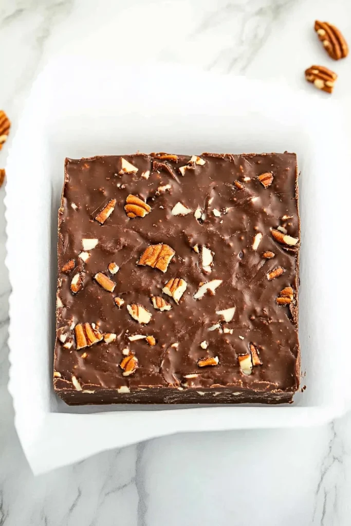 Overhead view of chunky fudge pieces highlighting glossy texture and nutty filling.