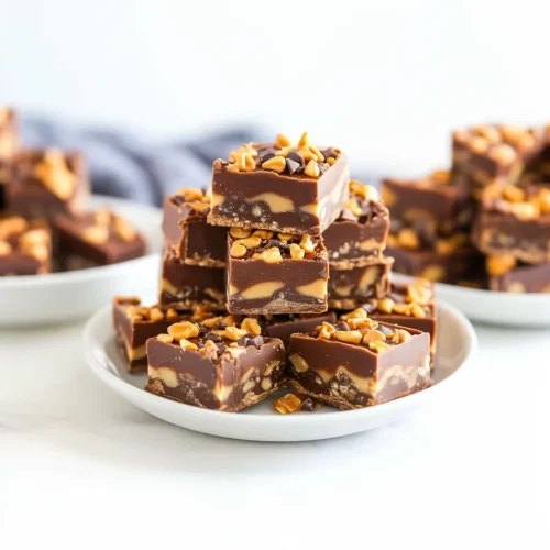 Final plated shot of chocolate fudge squares surrounded by scattered chips and caramel bits.