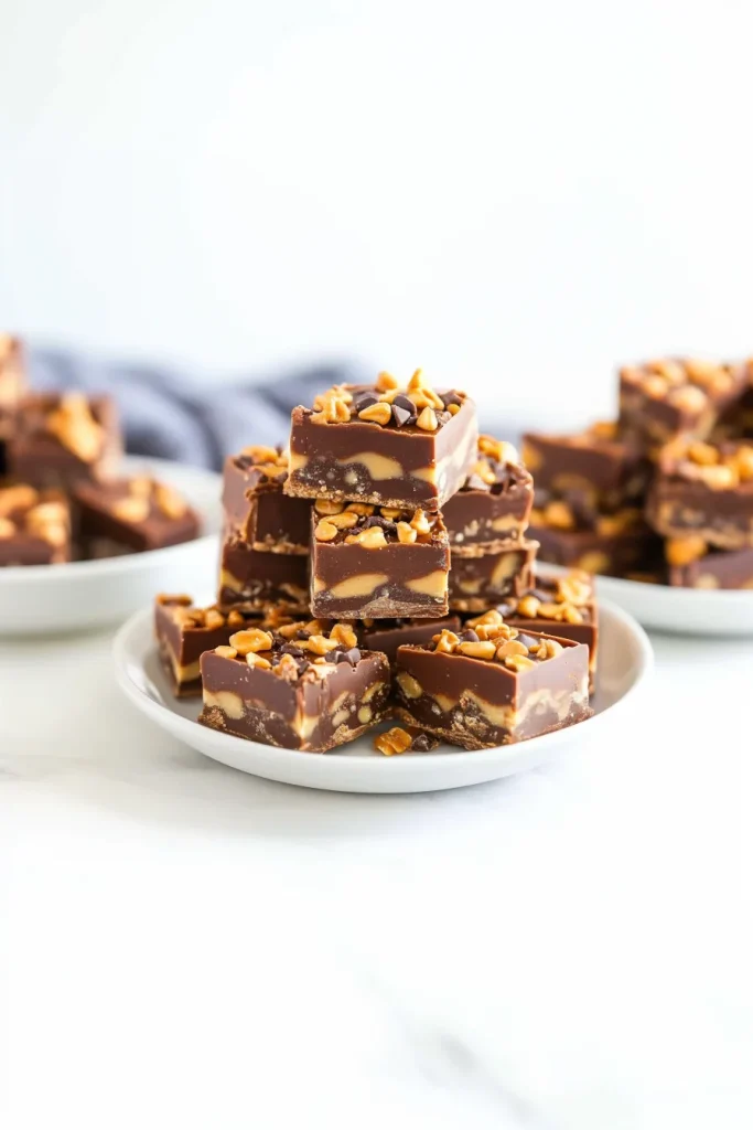 Final plated shot of chocolate fudge squares surrounded by scattered chips and caramel bits.
