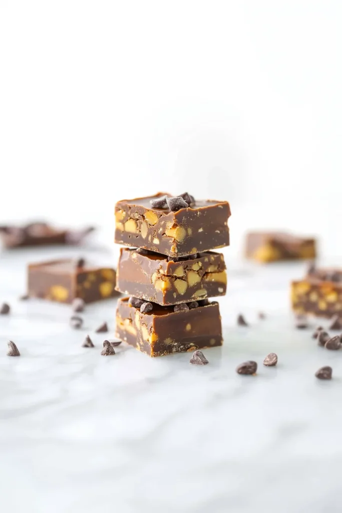 Stacked squares of glossy chocolate fudge with caramel and nut pieces inside.